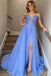 Elegant A Line Chiffon Blue Long Prom Dresses with Sheer Lace Bodice DMP159