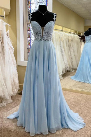 Elegant A Line Chiffon Blue Long Prom Dresses with Sheer Lace Bodice DMP159