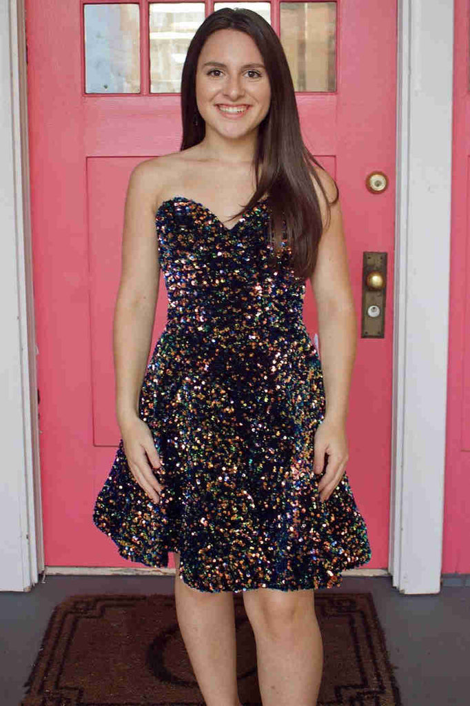 Sweetheart A Line Navy Blue Short Party Dresses Sequins Homecoming Dresses DMHD29