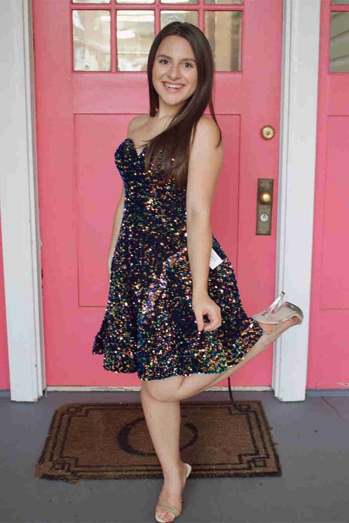 Sweetheart A Line Navy Blue Short Party Dresses Sequins Homecoming Dresses DMHD29