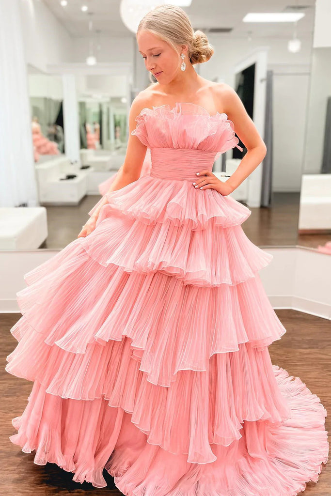 A-line Strapless Pink Ruffle Layers Tulle Long Prom Dress Evening Dresses DMP316