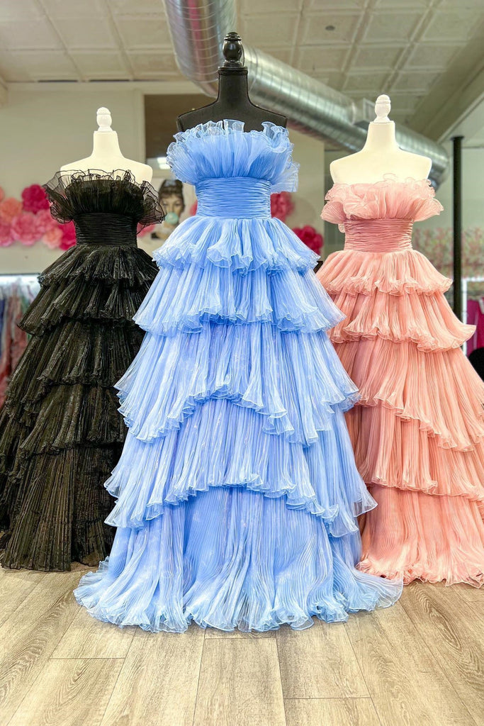 A-line Strapless Pink Ruffle Layers Tulle Long Prom Dress Evening Dresses DMP316