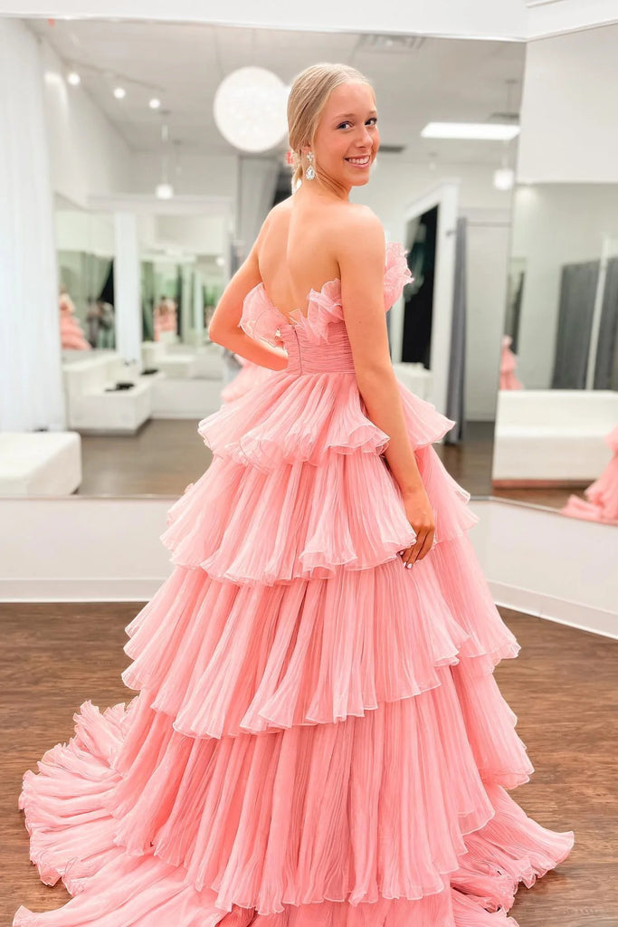 A-line Strapless Pink Ruffle Layers Tulle Long Prom Dress Evening Dresses DMP316