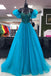 Blue A-line Puff Off-the-Shoulder Beaded Long Prom Dress Evening Dresses DMP312