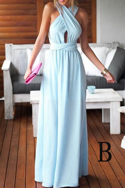 Sheath/Column V-neck Chiffon Floor-length Ruffles Blue Backless Sexy Prom Dresses DM182