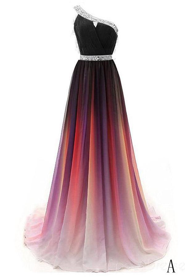 Cheap One Shoulder Ombre Beaded Long Evening Prom Dresses DMK38
