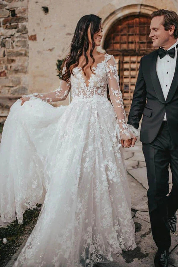 Unique A-line V-neck Long Sleeves Lace Wedding Dresses, Bridal Gowns DM1904
