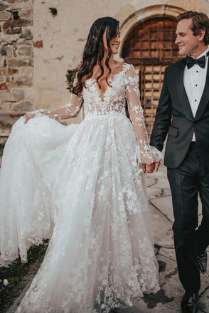 Unique A-line V-neck Long Sleeves Lace Wedding Dresses, Bridal Gowns DM1904