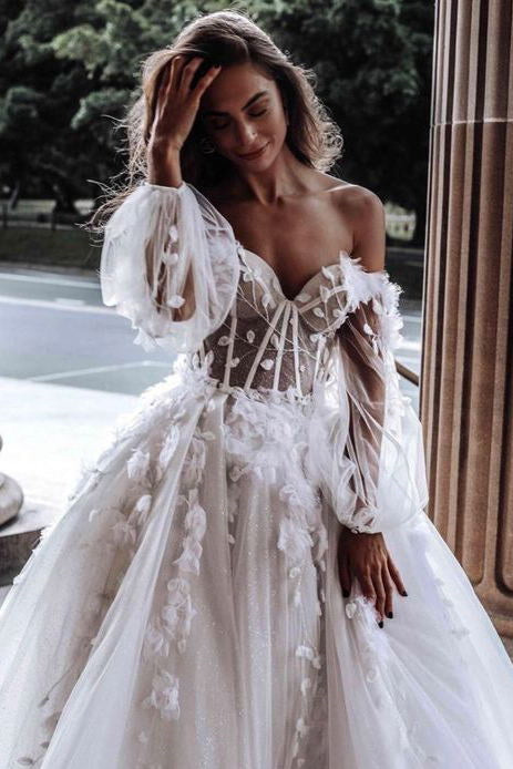 Off the Shoulder Rustic Long Sleeves Long Wedding Dresses, Beach Bridal Gowns DM1927