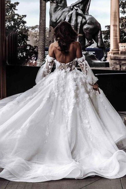 Off the Shoulder Rustic Long Sleeves Long Wedding Dresses, Beach Bridal Gowns DM1927