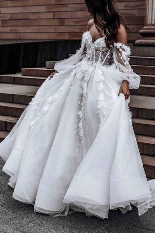 Off the Shoulder Rustic Long Sleeves Long Wedding Dresses, Beach Bridal Gowns DM1927