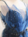 Unique V Neck Beaded Blue Long Prom Dresses, Formal Evening Dresses DMP333