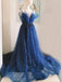 Unique V Neck Beaded Blue Long Prom Dresses, Formal Evening Dresses DMP333