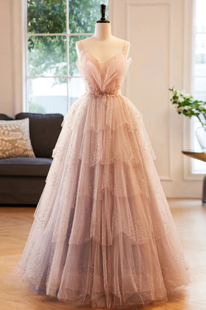 Gorgeous V Neck Beaded Layered Tulle Long Ball Gown Prom Dresses, Formal Evening Dresses DMP330
