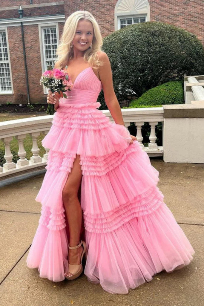 Princess Pink A Line Long Spaghetti Straps Prom Dresses, Formal Evening Dress DMP328