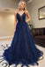 A Line Spaghetti Straps Tulle Navy Blue Lace Long Prom Dresses DM1057