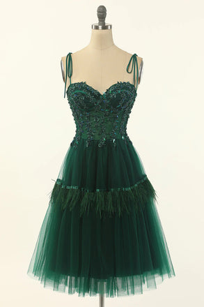 Green Sweetheart Tie-Strap A-Line Tulle Short Homecoming Dress DM1848