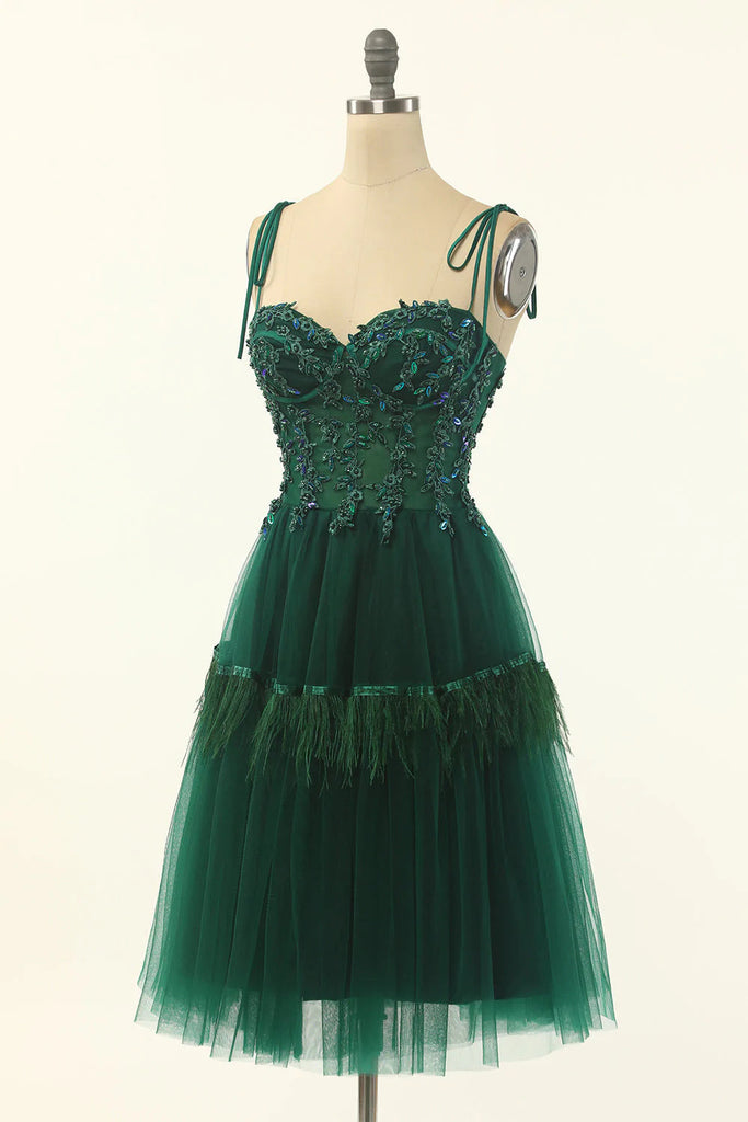 Green Sweetheart Tie-Strap A-Line Tulle Short Homecoming Dress DM1848