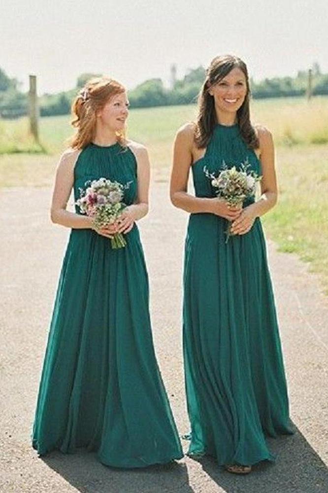 Newest Long Sleeveless Green Chiffon Cheap Halter Bridesmaid Dress DMG52