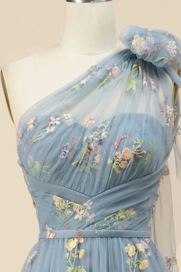 Grey Blue A-line Floral Embroidery One Shoulder Prom Dresses, Formal Evening Gown DMP215