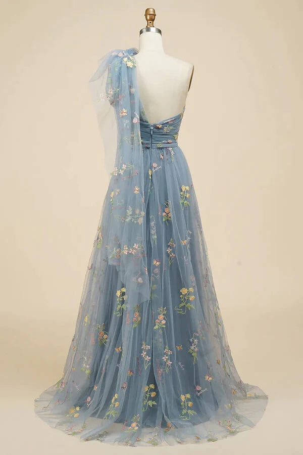 Grey Blue A-line Floral Embroidery One Shoulder Prom Dresses, Formal Evening Gown DMP215