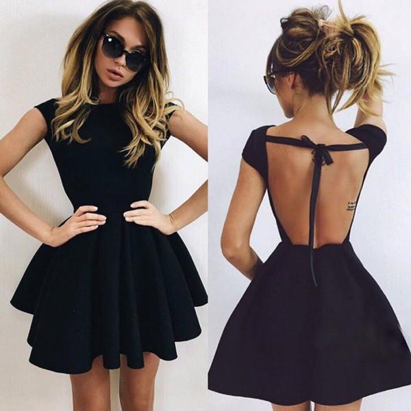 stunning Black Backless Homecoming Dresses,Cap Sleeves Short Prom Dresses DM483