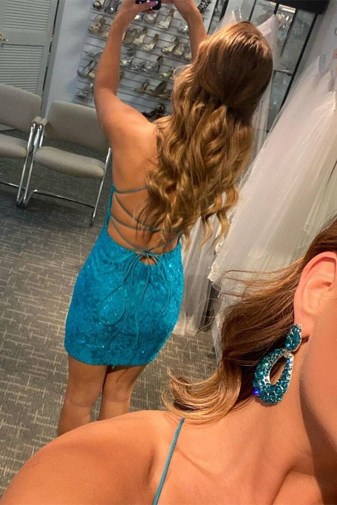 Blue Lace Spaghetti Straps Short Tight Homecoming Dresses Cocktail Party Dresses DMHD4