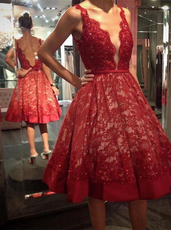 Deep V-neck Red Lace Knee Length Homecoming Dresses,Backless Short Prom Dresses DM350
