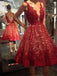 Deep V-neck Red Lace Knee Length Homecoming Dresses,Backless Short Prom Dresses DM350