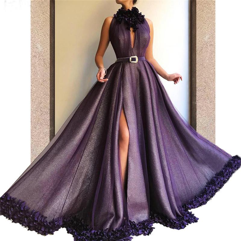 Purple Long A-line Split Cheap Prom Dresses With Flowers DMH56