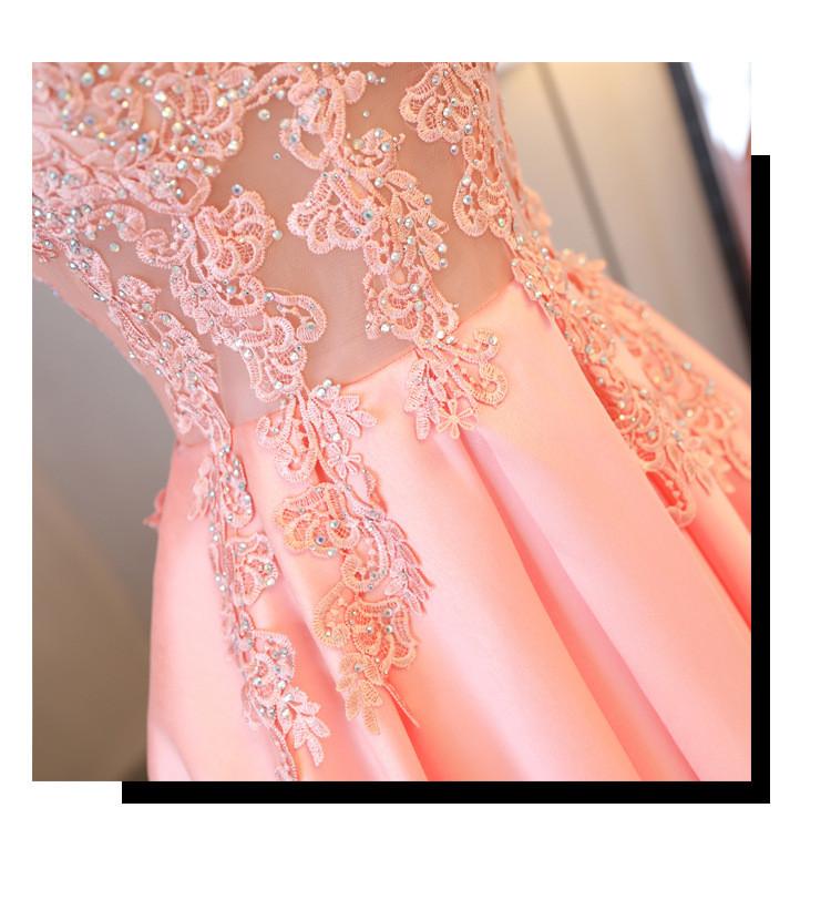 Blush Pink A Line Cap Sleeves Appliques Beaded Long Prom Dresses DMJ85