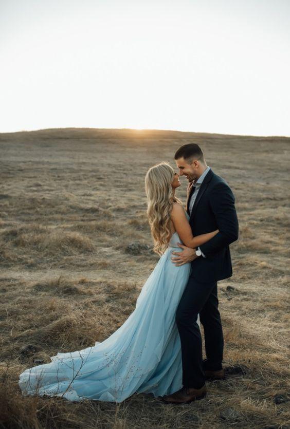 Sexy Split Sky Blue Beach Simple Wedding Dresses Chiffon Long Prom Dress DMI21