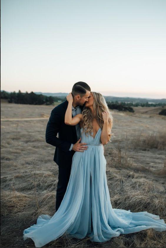 Sexy Split Sky Blue Beach Simple Wedding Dresses Chiffon Long Prom Dress DMI21