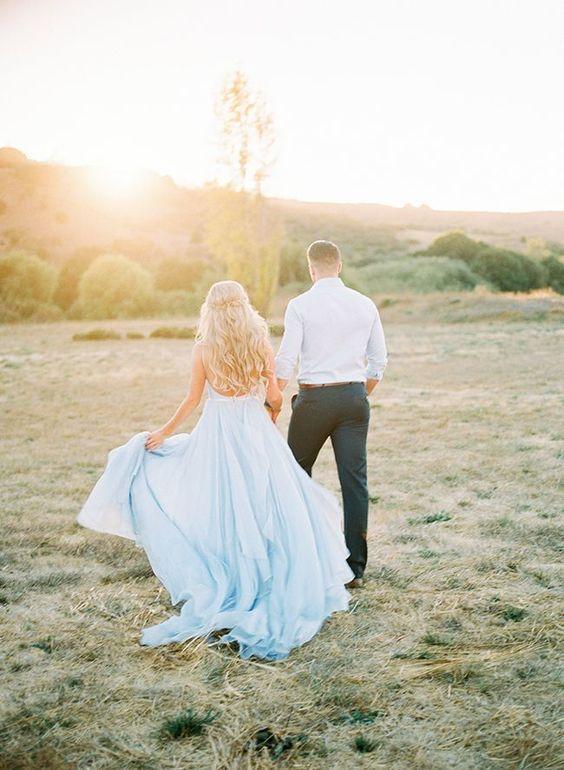 Sexy Split Sky Blue Beach Simple Wedding Dresses Chiffon Long Prom Dress DMI21