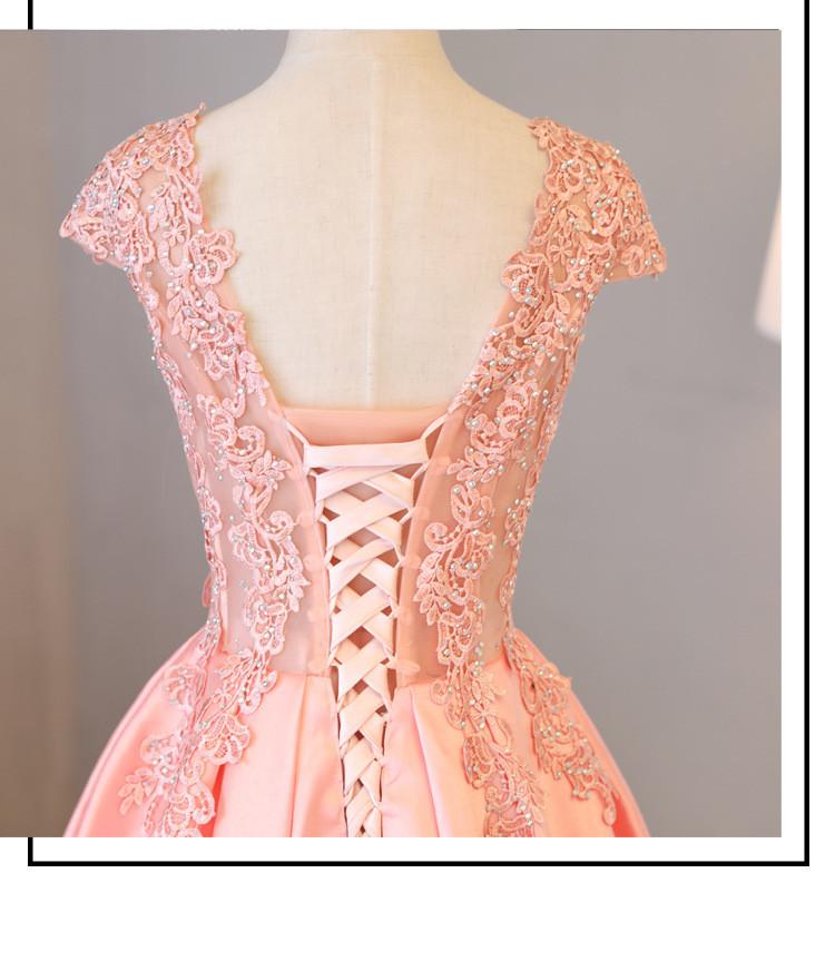 Blush Pink A Line Cap Sleeves Appliques Beaded Long Prom Dresses DMJ85