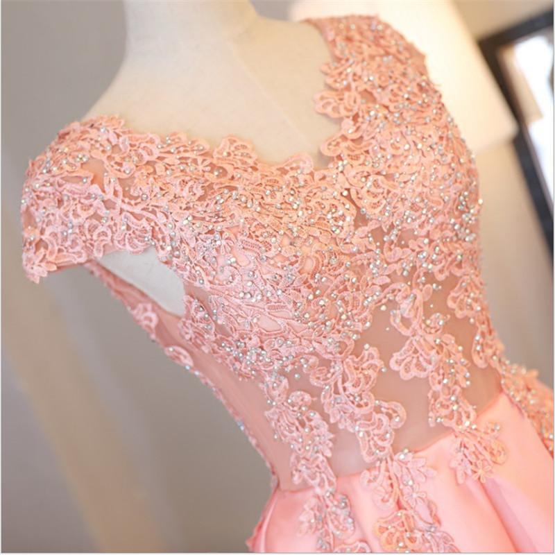 Blush Pink A Line Cap Sleeves Appliques Beaded Long Prom Dresses DMJ85