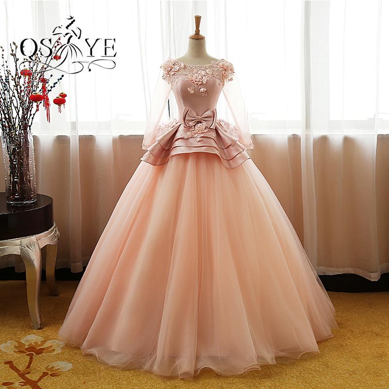 Vintage Flower Long Sleeves Puffy Tulle Long Prom Dress,Quinceanera Dresses DM608
