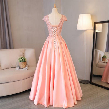 Blush Pink A Line Cap Sleeves Appliques Beaded Long Prom Dresses DMJ85