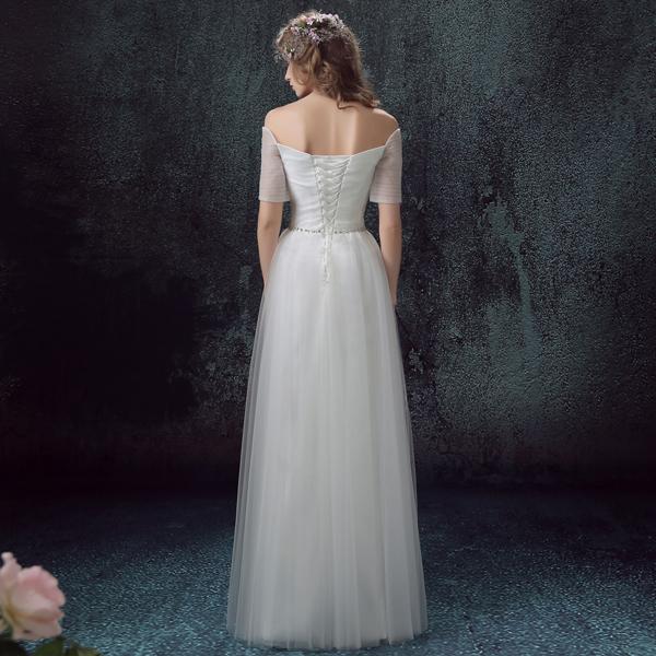 Simple Tulle Off Shoulder Floor-Length Short Sleeves A-line Lace Up Back Wedding Dress DM802