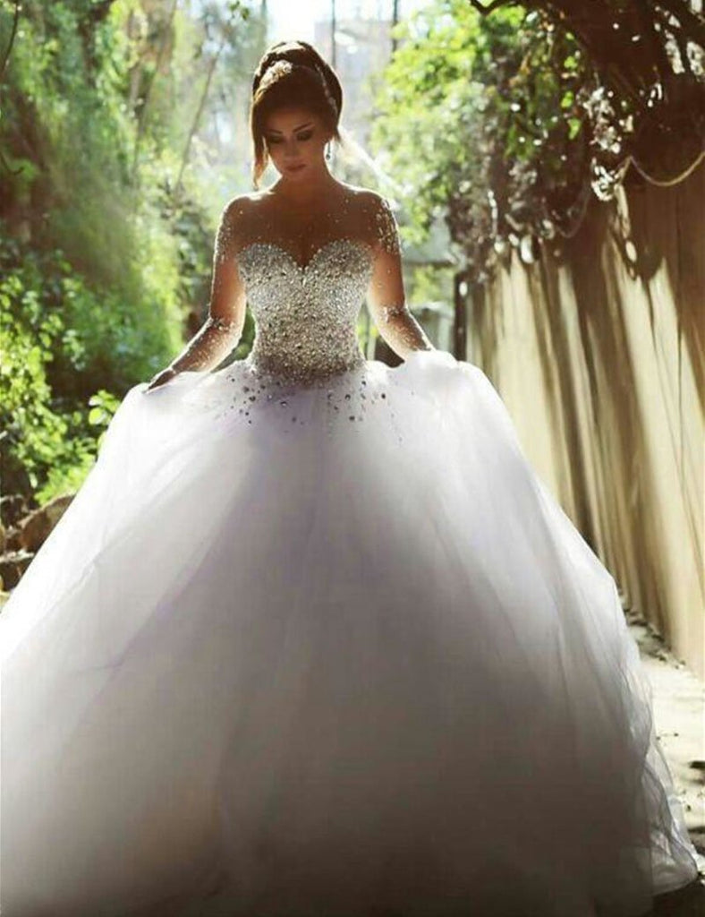 Stunning Long Sleeves Tulle Ball Gown Beaded Wedding Dress DMH69
