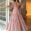 Sparkle V-neck Long Sleeves V-neck Pink Evening Prom Dresses with Ruffles DMH92