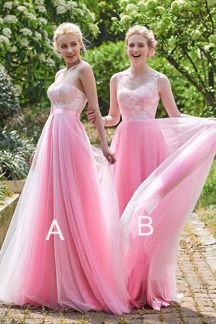 Elegant Pink Tulle A Line Long Bridesmaid Dress For Wedding DM766