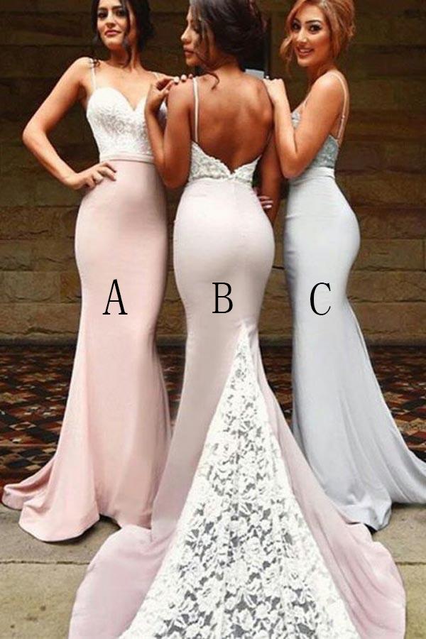 Sexy Spaghetti Straps Mermaid Backless Long Bridesmaid Dresses With White Lace DM934