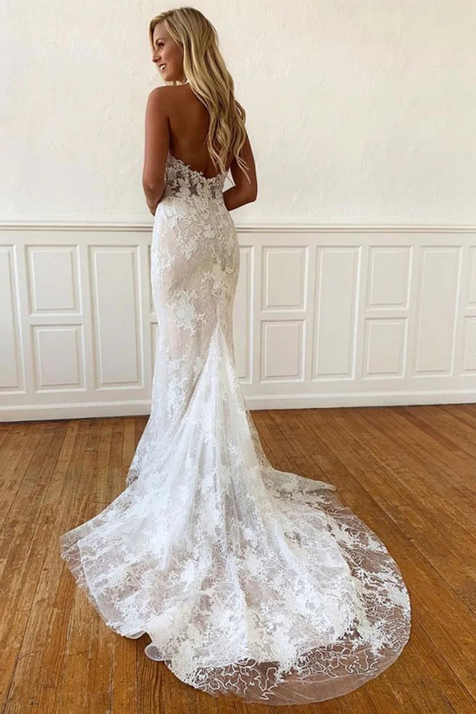 Halter Neck Backless Mermaid Off White Lace Long Wedding Dresses DM1952