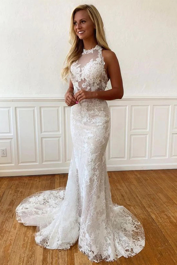 Halter Neck Backless Mermaid Off White Lace Long Wedding Dresses DM1952