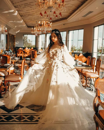 Light Champage A Line Tulle Long Prom Dress With Flowers Pruffy Sleeves Party Dress DM1890