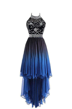 High Low Halter Sleeveless Beading Chiffon Ombre Prom Dress DMG77