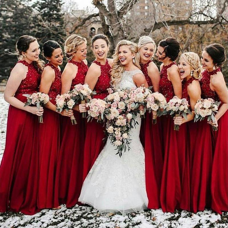 Cheap A-Line Formal Long Red Beading Bridesmaid Dresses DMG59