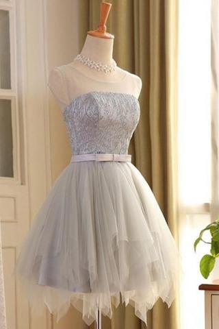 Cute A-line Scoop Gray Tulle Sleeveless Short Homecoming Dresses,Sweet 16 Dresses DM316