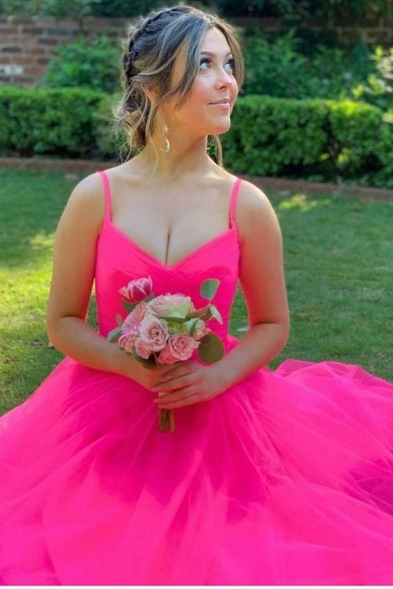 Hot Pink A-line V-neck Long Prom Dresses, Tulle Spaghetti Straps Graduation Dress DMP076